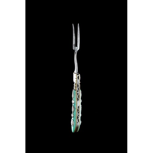 Rare German Saxony Folding Steel Brass Silver and Green Stained Ivory Miniature Fork